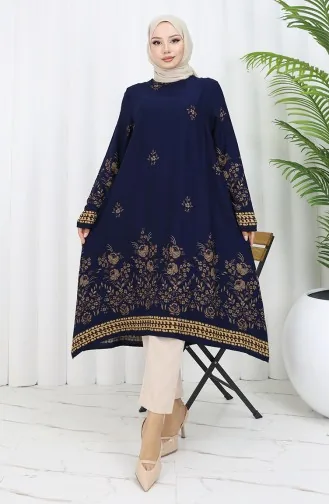 Tunique En Viscose à Motifs Floraux 1004-03 Bleu Marine 1004-03