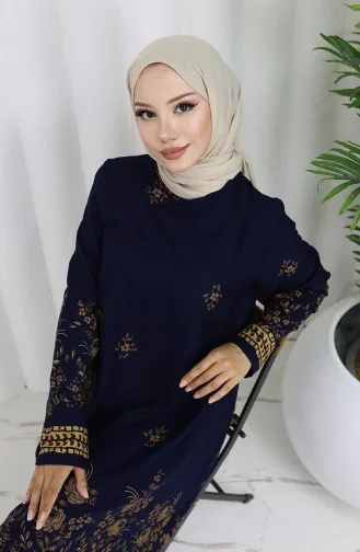 Tunique En Viscose à Motifs Floraux 1004-03 Bleu Marine 1004-03