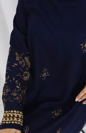 Tunique En Viscose à Motifs Floraux 1004-03 Bleu Marine 1004-03