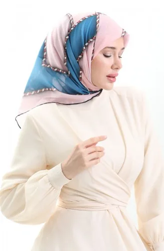 Geometrik Desenli Eşarp 70293-07 Pudra İndigo