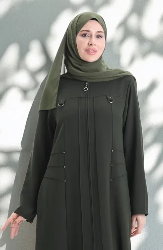 Büyük Beden Metal Boncuk Fermuarlı Ferace 6148-05 Haki