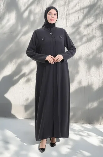 Abaya Zippée à Perles Métalliques Grande Taille 6148-06 Gris 6148-06
