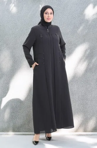 Abaya Zippée à Perles Métalliques Grande Taille 6148-06 Gris 6148-06