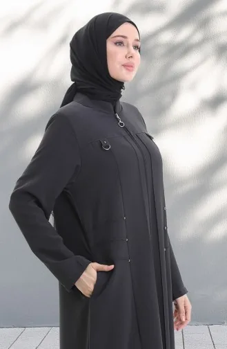Abaya Zippée à Perles Métalliques Grande Taille 6148-06 Gris 6148-06