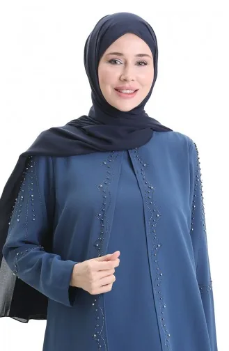طقم مكون من قطعتين، تونيك وبنطال مزين بقماش على شكل خلية نحل، مقاسات كبيرة، 6252-03، لون نيلي 6252-03