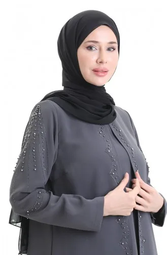 طقم مكون من قطعتين، تونيك وبنطال مزين بقماش على شكل خلية نحل، بمقاسات كبيرة، رقم الموديل 6252-04، لون رمادي 6252-04