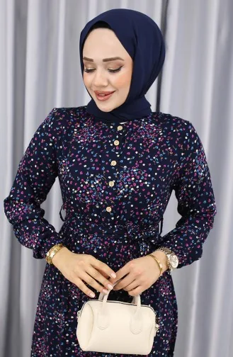 Viscose Stof Bloemenmotief Jurk 4070-02 Marineblauw 4070-02