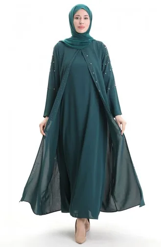 Büyük Beden Petek Kumaş Taşlı Elbise 6246-07 Zümrüt Yeşili