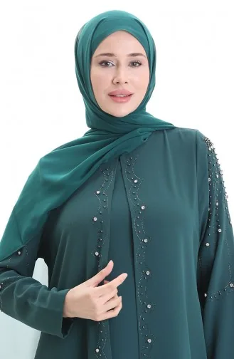 Büyük Beden Petek Kumaş Taşlı Elbise 6246-07 Zümrüt Yeşili