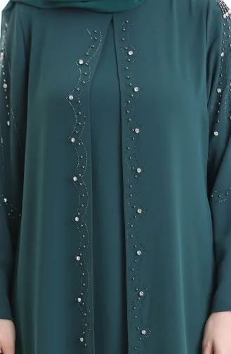 Büyük Beden Petek Kumaş Taşlı Elbise 6246-07 Zümrüt Yeşili