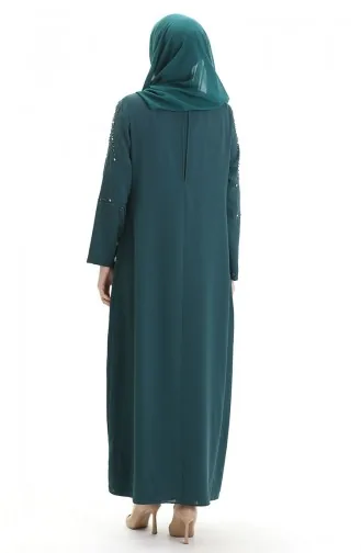 Büyük Beden Petek Kumaş Taşlı Elbise 6246-07 Zümrüt Yeşili
