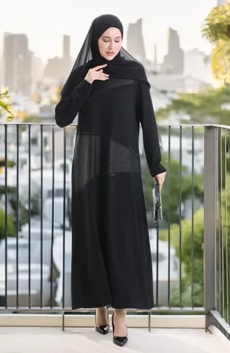 فستان قطني ممشط كريستالي مقاس كبير 6253-01 أسود 6253-01