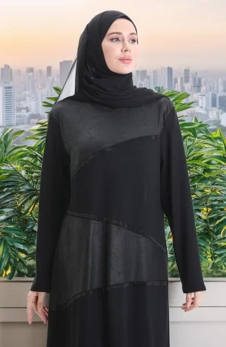 فستان قطني ممشط كريستالي مقاس كبير 6253-01 أسود 6253-01