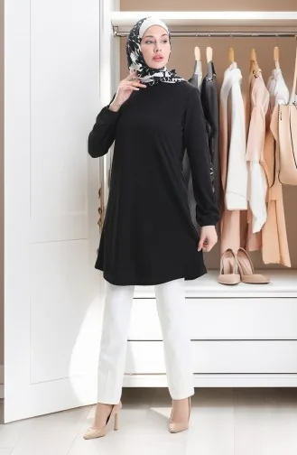 Seizoensgebonden Vloeiende Effen Tuniek Met Elastische Mouwen 8749-01 Zwart 8749-01