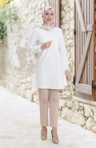 Seizoensgebonden Vloeiende Effen Tuniek Met Elastische Mouwen 8749-A01 Off White 8749-A01