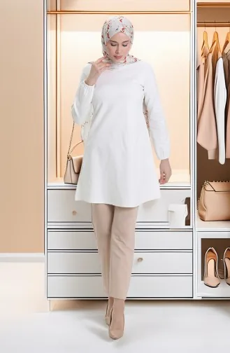 Seizoensgebonden Vloeiende Effen Tuniek Met Elastische Mouwen 8749-A01 Off White 8749-A01