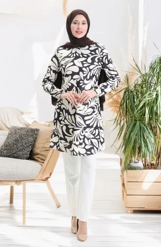 Saisonale Gemusterte Tunika Mit Elastischen Ärmeln 8750-01 Schwarz 8750-01