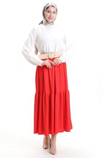 Bürümcük Kumaş Beli Lastikli Etek 0066-02 Kırmızı