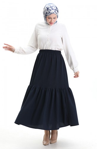 Bürümcük Kumaş Beli Lastikli Etek 0066-09 Lacivert