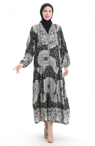 فستان منقوش بأزرار نصفية من قماش الفيسكوز 0061-01 أسود 0061-01