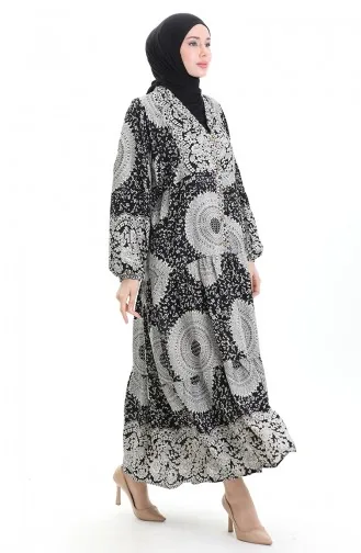 فستان منقوش بأزرار نصفية من قماش الفيسكوز 0061-01 أسود 0061-01