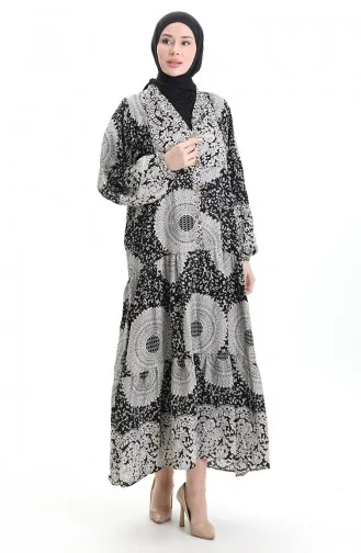 فستان منقوش بأزرار نصفية من قماش الفيسكوز 0061-01 أسود 0061-01