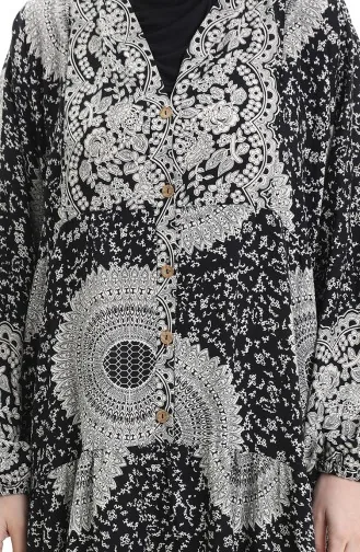 فستان منقوش بأزرار نصفية من قماش الفيسكوز 0061-01 أسود 0061-01