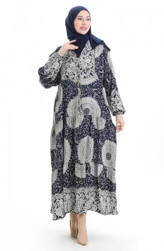 فستان منقوش بأزرار نصفية من قماش الفيسكوز 0061-03 أزرق داكن 0061-03