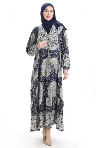 فستان منقوش بأزرار نصفية من قماش الفيسكوز 0061-03 أزرق داكن 0061-03