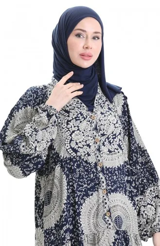 فستان منقوش بأزرار نصفية من قماش الفيسكوز 0061-03 أزرق داكن 0061-03