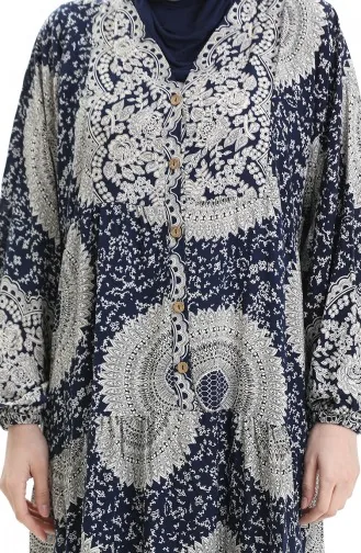 فستان منقوش بأزرار نصفية من قماش الفيسكوز 0061-03 أزرق داكن 0061-03