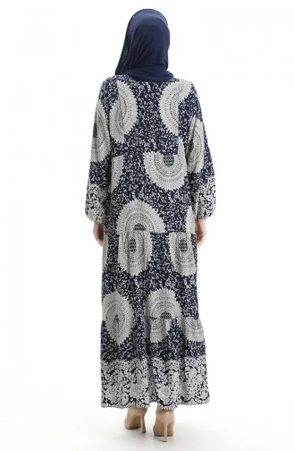 فستان منقوش بأزرار نصفية من قماش الفيسكوز 0061-03 أزرق داكن 0061-03