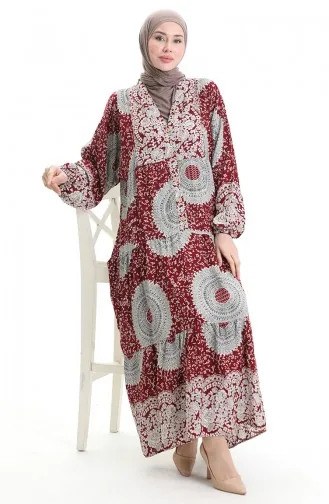 فستان منقوش بنصف أزرار من قماش الفيسكوز 0061-04 أحمر قرمزي 0061-04