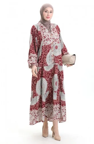 فستان منقوش بنصف أزرار من قماش الفيسكوز 0061-04 أحمر قرمزي 0061-04
