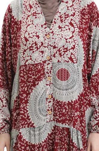 فستان منقوش بنصف أزرار من قماش الفيسكوز 0061-04 أحمر قرمزي 0061-04