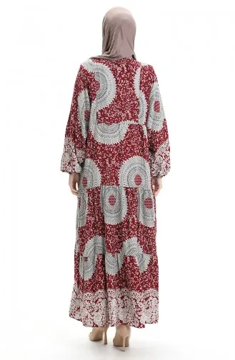 فستان منقوش بنصف أزرار من قماش الفيسكوز 0061-04 أحمر قرمزي 0061-04