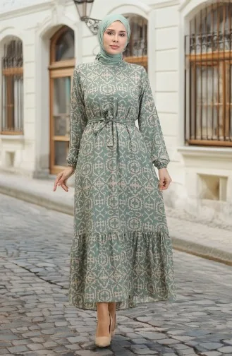 Desenli Viskon Elbise 0010-01 Çağla Yeşili