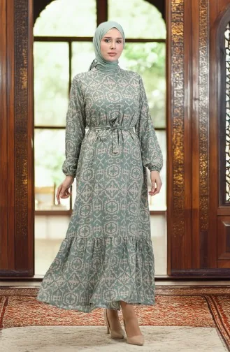 Desenli Viskon Elbise 0010-01 Çağla Yeşili