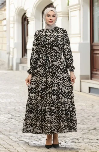 Desenli Viskon Elbise 0010-02 Siyah