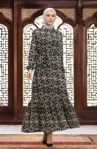 Desenli Viskon Elbise 0010-02 Siyah