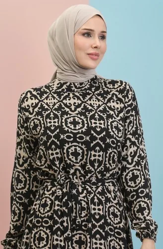 Desenli Viskon Elbise 0010-02 Siyah