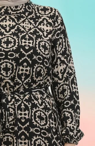 Desenli Viskon Elbise 0010-02 Siyah