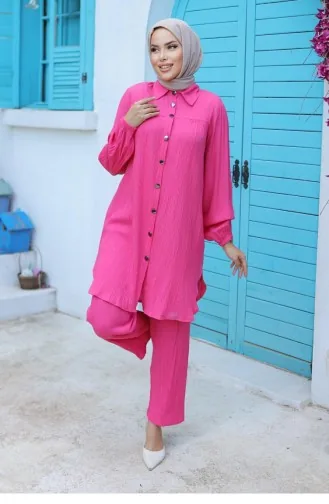 Shirred Detailed Hijab Fuchsia Suit 586