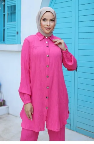 Shirred Detailed Hijab Fuchsia Suit 586