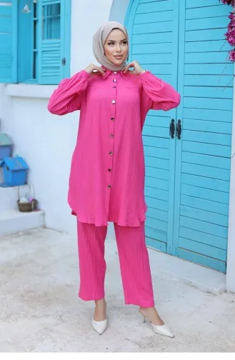 Shirred Detailed Hijab Fuchsia Suit 586