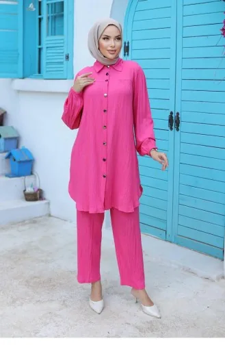 Shirred Detailed Hijab Fuchsia Suit 586