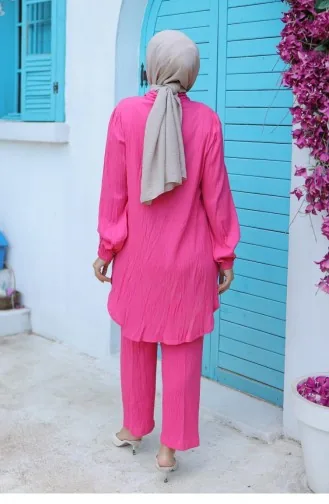 Shirred Detailed Hijab Fuchsia Suit 586