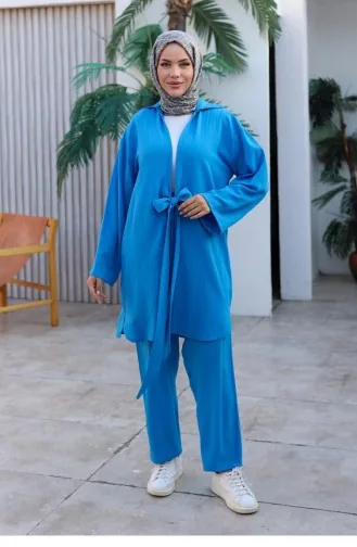 Bağlama Detaylı Kimono Takım Deniz Mavisi 1225