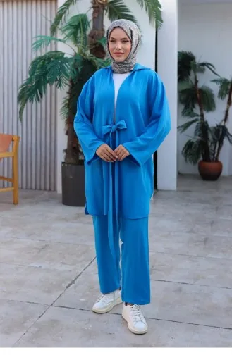 Bağlama Detaylı Kimono Takım Deniz Mavisi 1225
