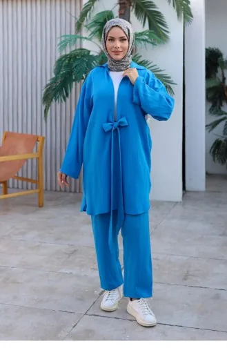 Bağlama Detaylı Kimono Takım Deniz Mavisi 1225
